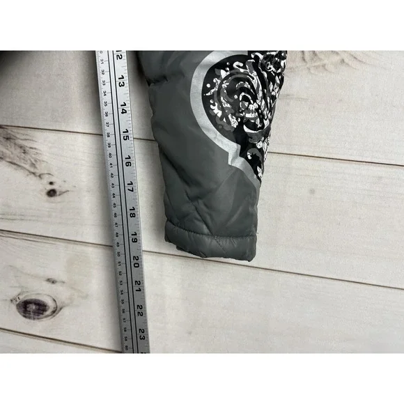 Athleta Down Puffer Jacket Womens Medium Gray Removable Hood Print Ski Outdoor - Picture 8 of 9